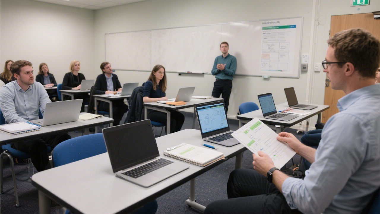 Structured classroom with laptops, notebooks, and a facilitator preparing a usability testing scenario for a group of professionals in Galway.