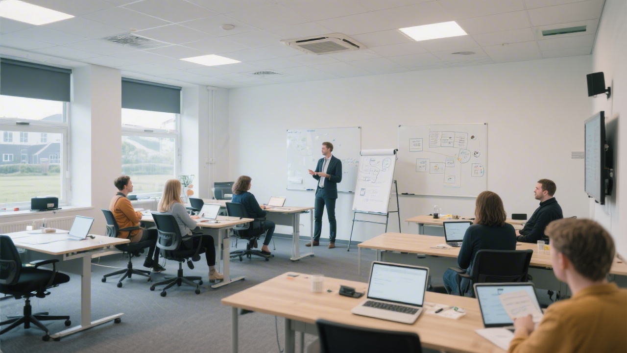 Wide interior view of a modern training studio in Galway with desks, whiteboards, and a facilitator guiding participants through a user research exercise.