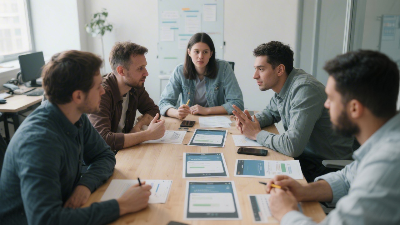 Product team gathered around a table with printed interface screens, discussing user feedback and planning a usability testing session.