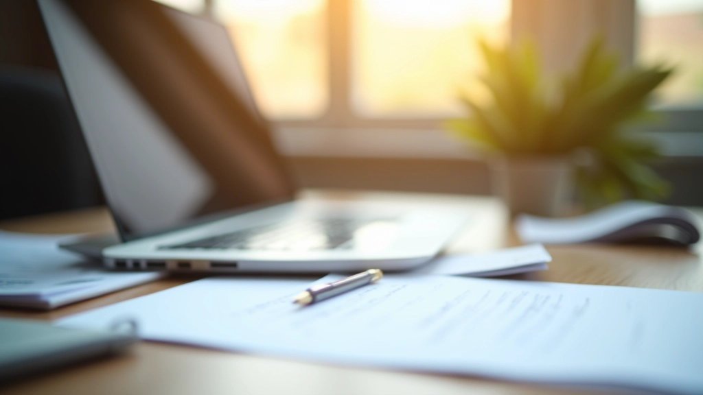 Uspořádaný stůl s počítačem, dokumenty a výpisy organizovaně vedle sebe