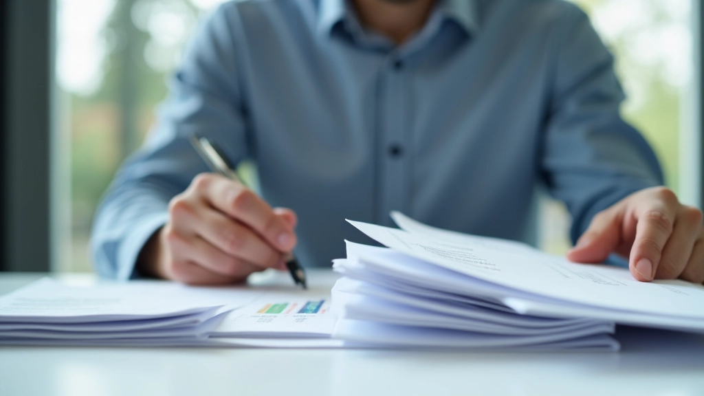 Osoba pečlivě třídící papíry do barevných složek na čistém pracovním stole