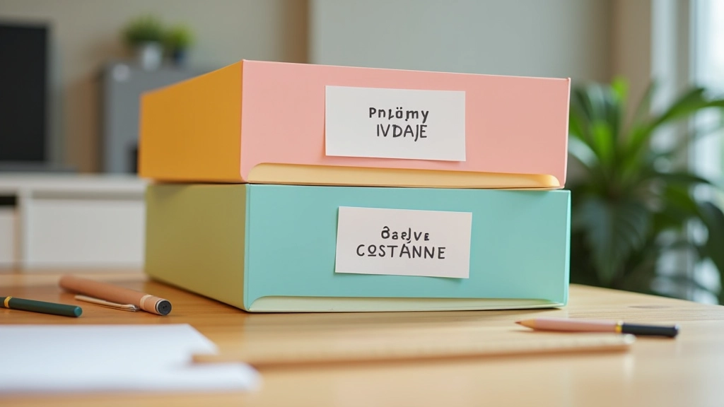 Tři barevné složky na stole označené příjmy, výdaje a ostatní doklady, obklopené tužkami a pravítkem